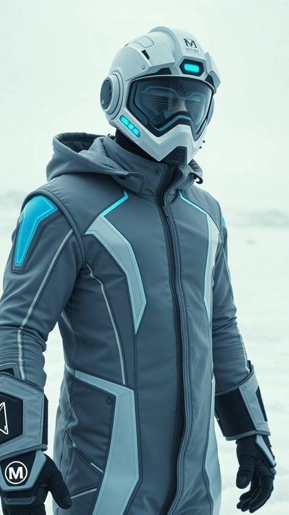 A stylish Mr. Freeze costume featuring a gray suit with blue accents and a futuristic helmet.