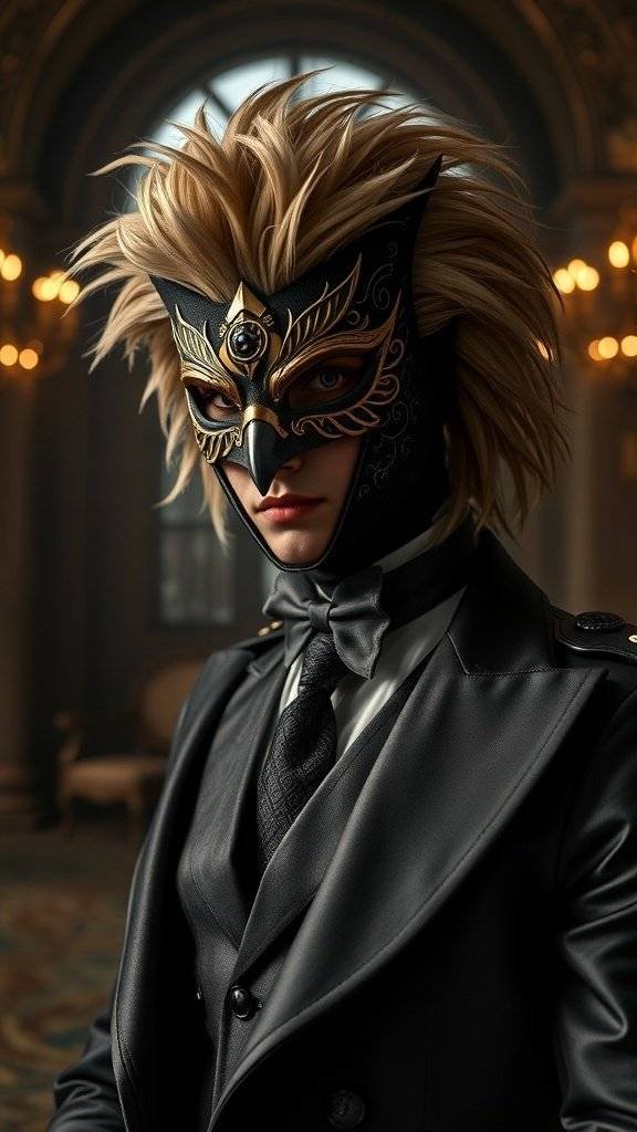 A person wearing an elegant Court of Owls mask and a tailored suit, exuding sophistication and mystery.