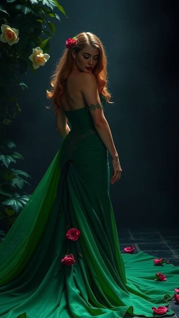 A woman in a flowing green gown with roses, embodying a Gothic Poison Ivy character.