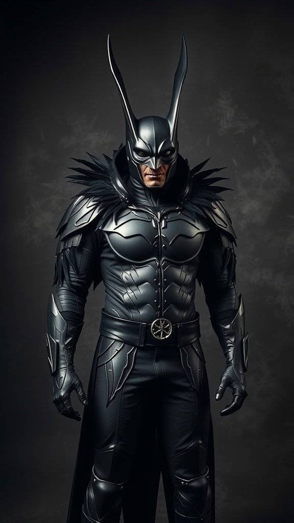 A person in a sleek black Talon costume with armor-like details and feathered accents, inspired by Gotham characters.