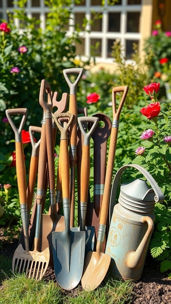 A collection of vintage garden tools including shovels, rakes, and a watering can, surrounded by colorful flowers.