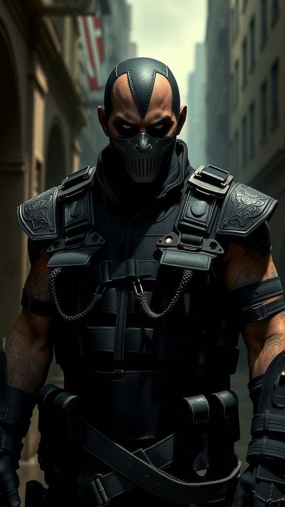A person dressed as Bane in a tactical costume with a mask, standing in a city street.