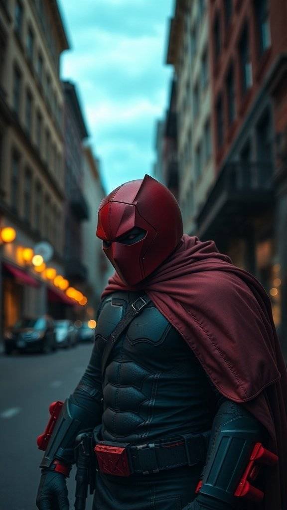 A person in a red hood costume standing in a city street