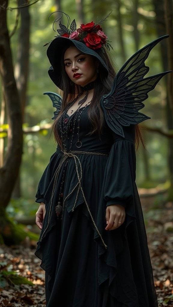 A woman in a black gown and horned hat stands in a misty forest, surrounded by pumpkins and rustic decor.