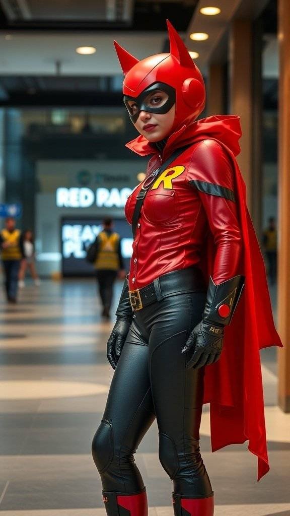 A person dressed in a Red Robin costume, featuring a red top with an emblem, black pants, and a cape.