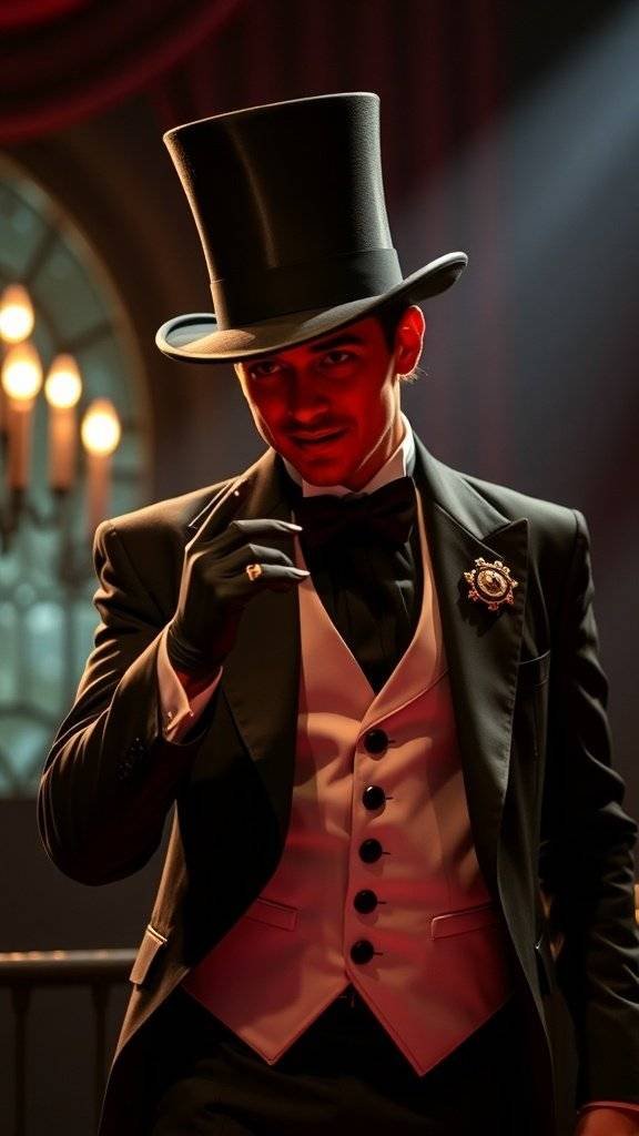 A man in a tuxedo with a top hat and wand, embodying a magician's style.
