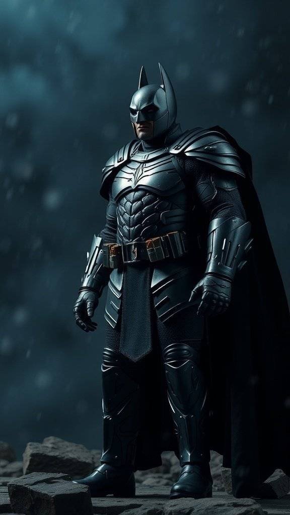 A character in a dark, armored superhero costume with a cape, standing against a moody backdrop.