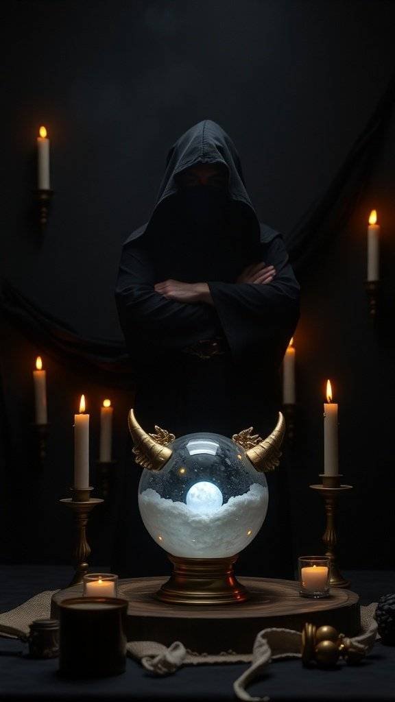 A mysterious figure in a black robe stands before a crystal ball, surrounded by candles.