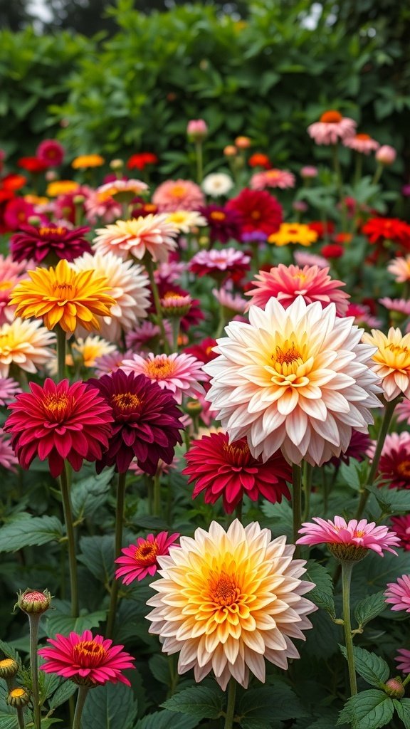 A vibrant display of dahlias in various colors, showcasing a 1920s garden style.