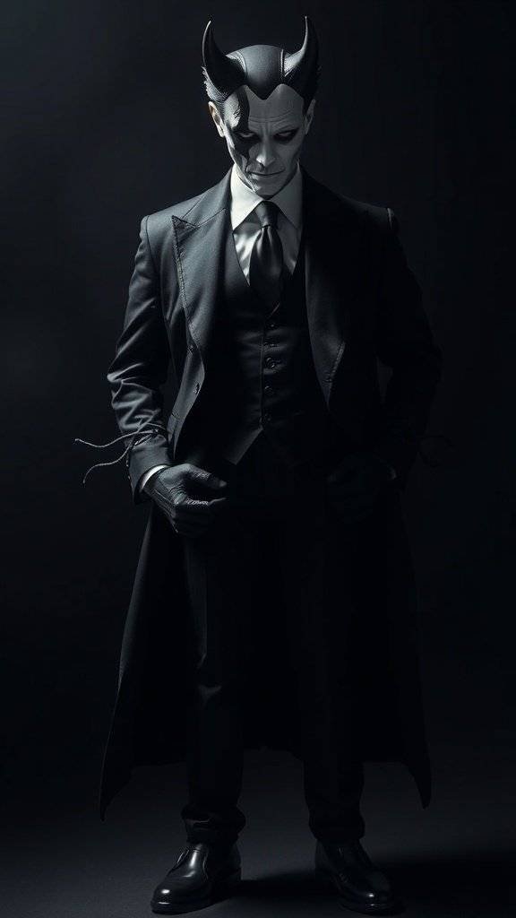 A person dressed in a Two-Face costume, featuring a black suit and half of their face painted white, standing confidently.