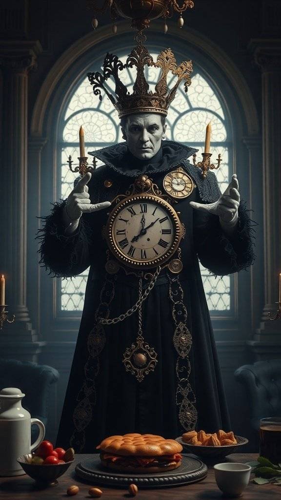 A person dressed as the Gothic Clock King, featuring a large clock, dark cloak, and crown, set in a moody, elegant environment.