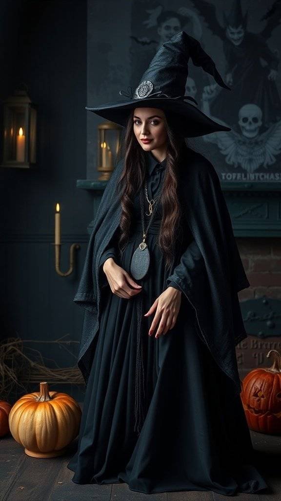 A woman dressed as a witch in a dramatic black gown and hat, surrounded by pumpkins and candles.