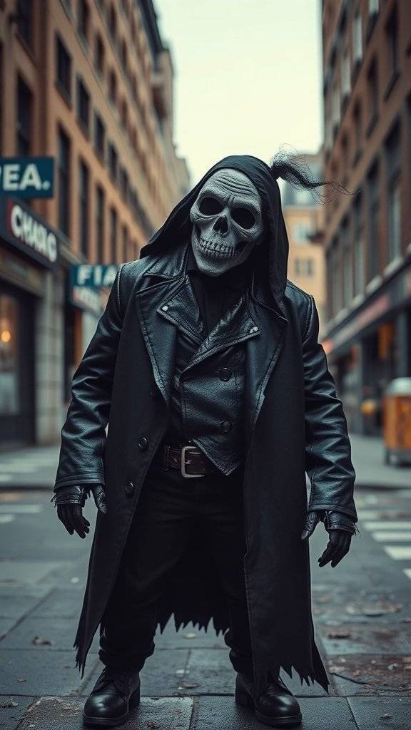 A person dressed in a stylish black coat and skull mask, inspired by Clayface from Gotham.