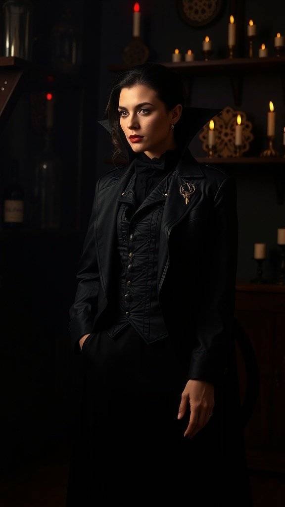 A stylish woman dressed in a chic vampire costume with a high-collared black jacket and elegant makeup, set against a moody backdrop with candles.