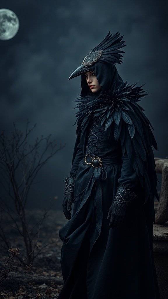 A person wearing a Gothic Raven costume with a dramatic cloak and raven-inspired headpiece, set against a moody night background.