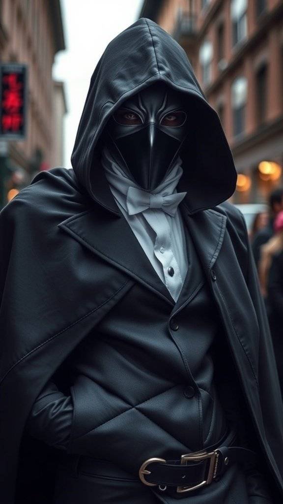 A person dressed in elegant phantom thief attire with a dark cloak and mask, standing in an urban setting.