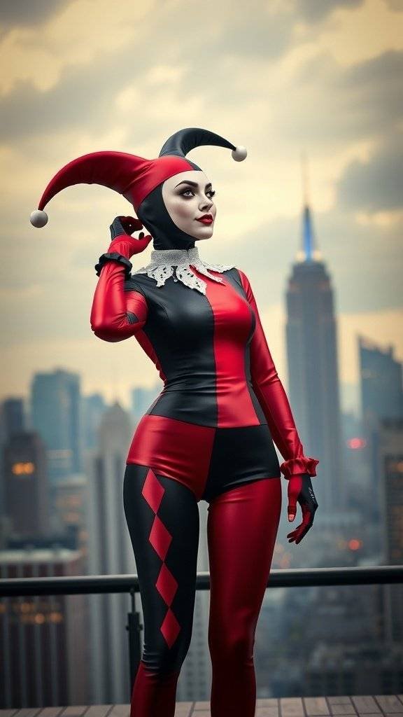 A woman dressed as Gothic Harley Quinn, wearing a black and red bodysuit with a jester hat, standing against a city skyline.