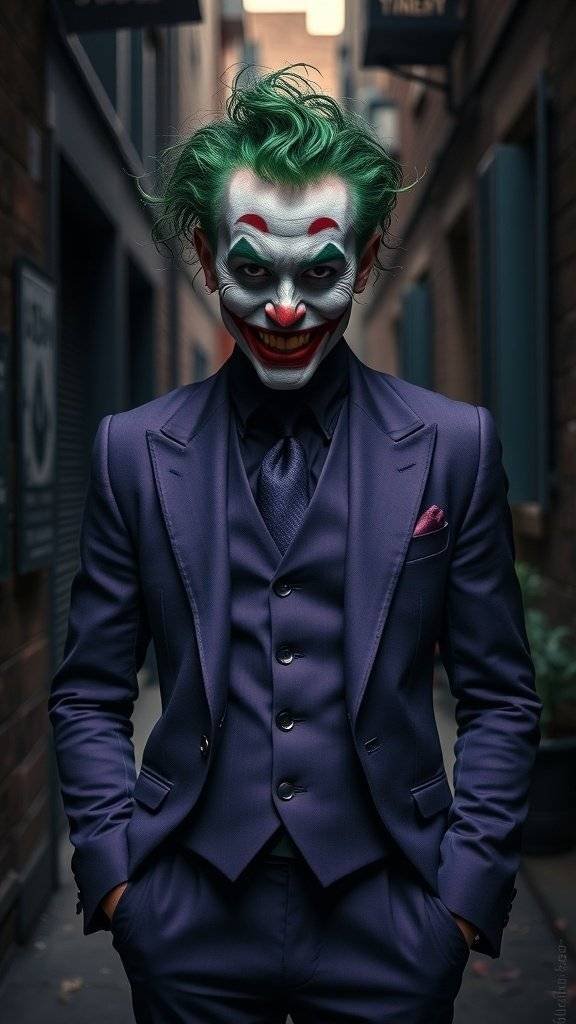 A person dressed as the Joker in a purple suit with green hair and dramatic makeup, standing in an alley.