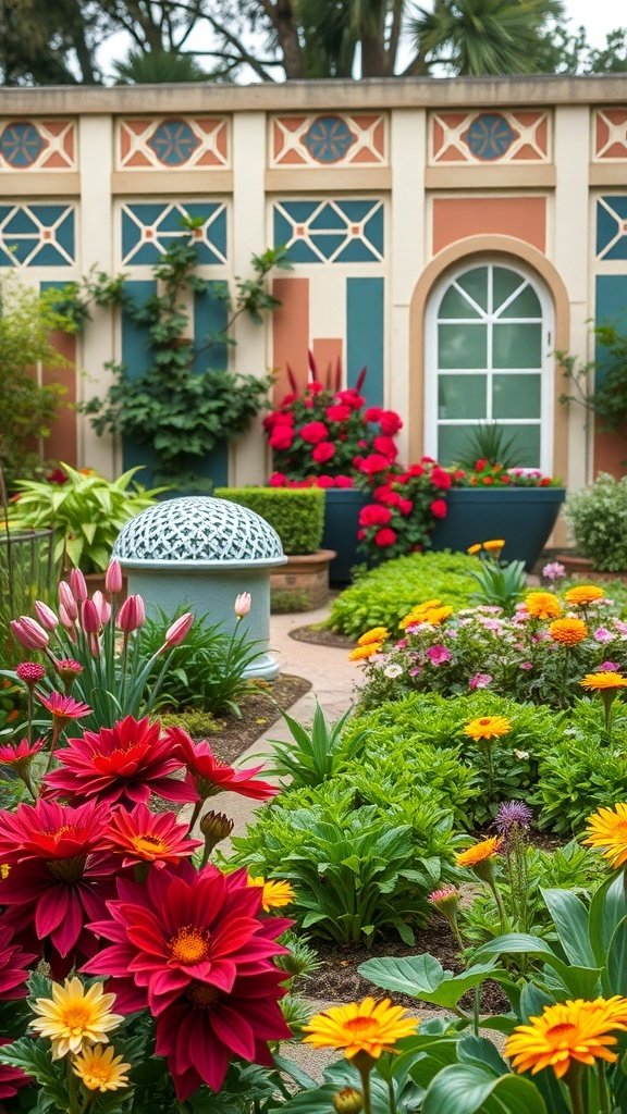 A colorful Art Deco inspired garden with vibrant flowers and a decorative ornament.