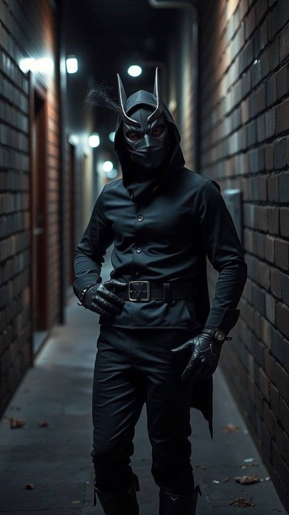 A person in a sleek black costume with a mask, standing in a dimly lit alley.