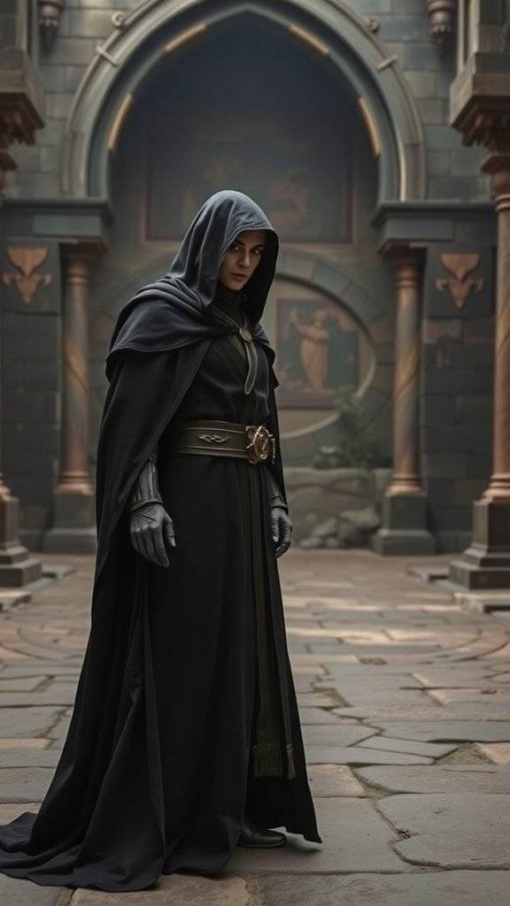 A figure in a black cloak and hood, inspired by Ra's al Ghul, standing in a moody, elegant setting.
