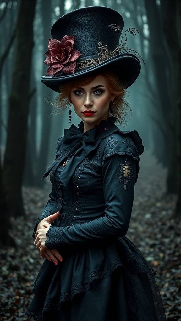 A Gothic Mad Hatter character with a tall top hat, dramatic makeup, and a playful expression, surrounded by Halloween-themed decorations.