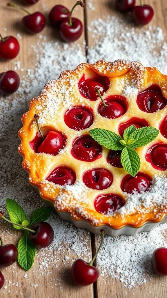 A delicious cherry clafoutis topped with powdered sugar and mint leaves, surrounded by fresh red cherries.