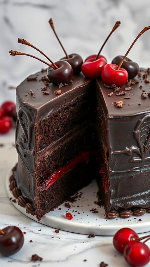 Rich Blood Cherry Chocolate Cake with red cherries on top