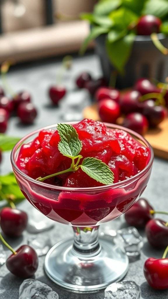 A bowl of cherry sorbet garnished with mint leaves, surrounded by fresh red cherries.