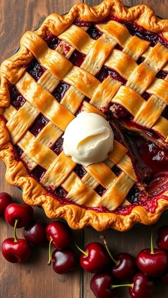 A classic cherry pie with a flaky crust, surrounded by fresh red cherries and a scoop of vanilla ice cream.