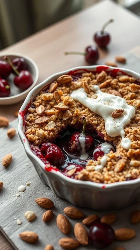 A gourmet cherry almond crumble with a golden topping, served in a baking dish, surrounded by fresh red cherries and almonds.