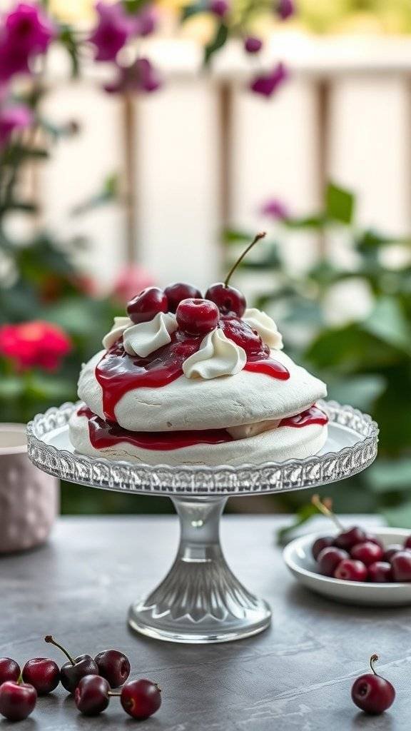 A beautiful pavlova topped with blood cherries and cream, displayed on a glass cake stand.