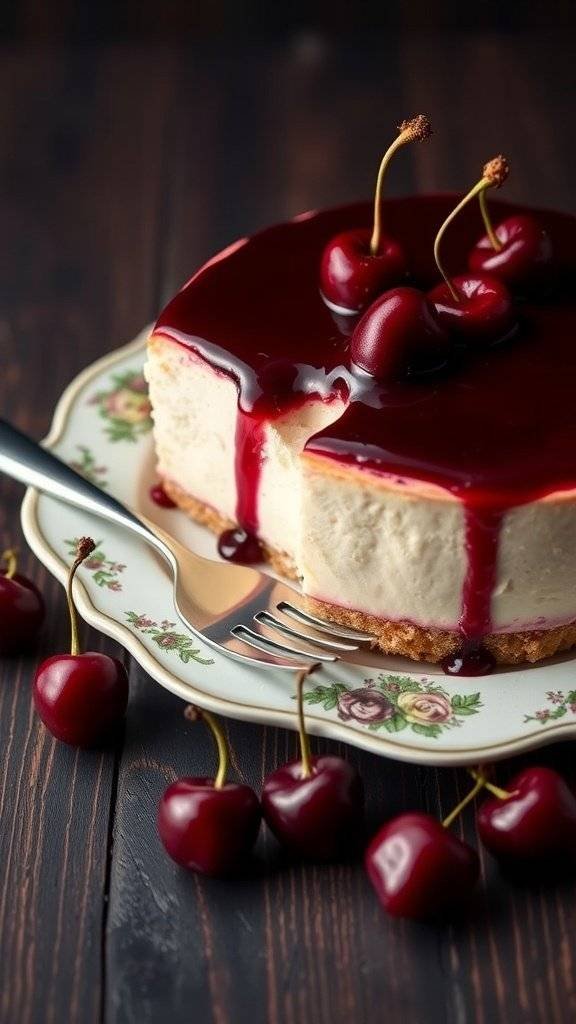 A slice of blood cherry cheesecake topped with cherries on a decorative plate.