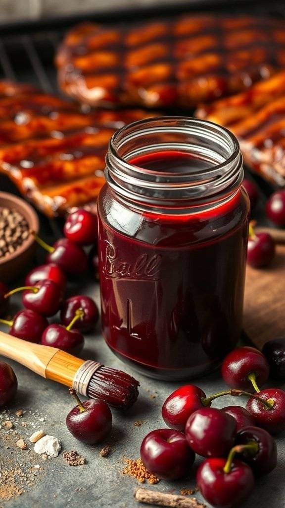 A jar of blood cherry BBQ sauce surrounded by fresh cherries and spices.