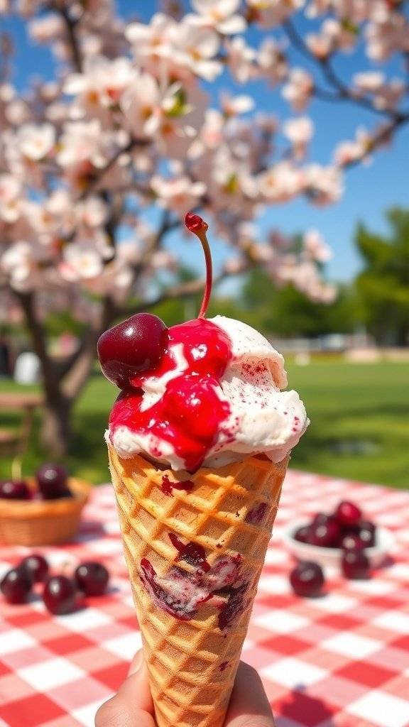 A cone of Blood Cherry and Vanilla Bean Ice Cream topped with a cherry, set against a backdrop of blooming flowers.