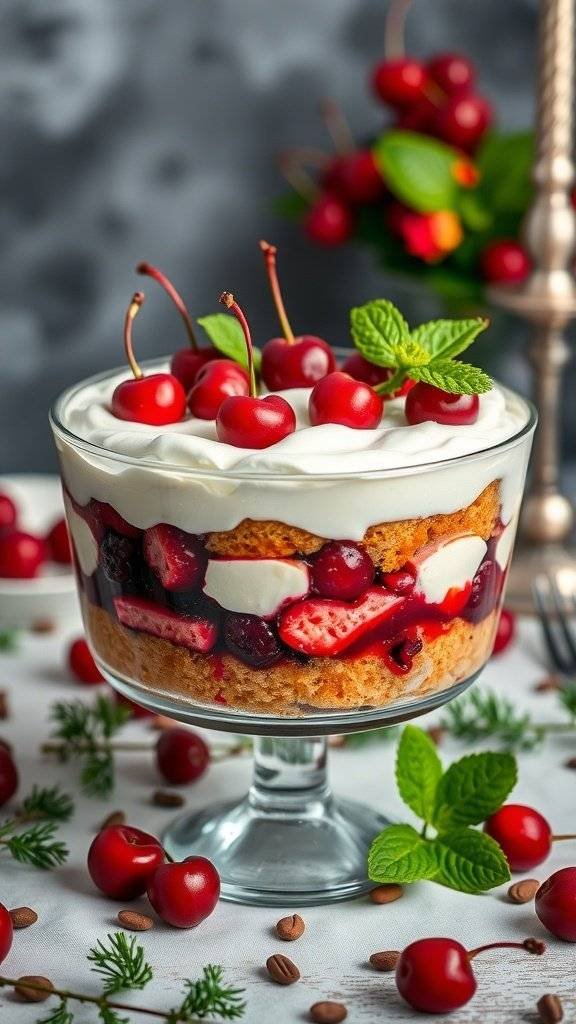 A beautiful trifle layered with sponge cake, red cherries, and whipped cream, garnished with mint leaves.