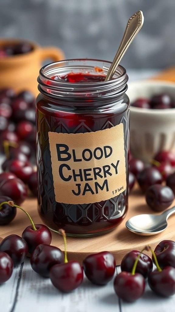 A jar of blood cherry jam with fresh red cherries surrounding it.