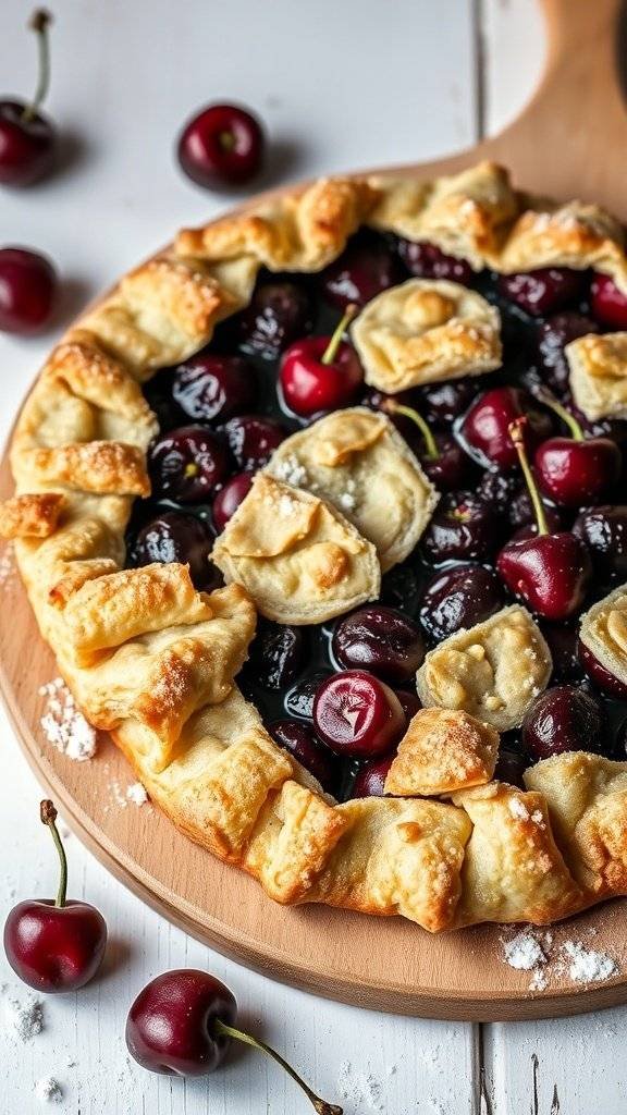 A rustic blood cherry galette with a golden crust and vibrant red cherries.