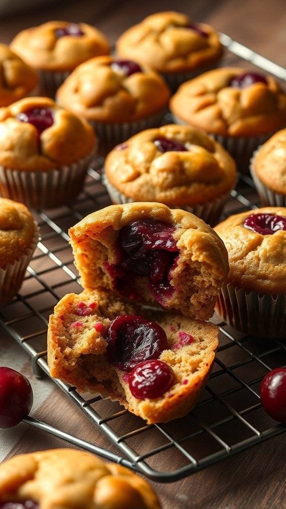 Golden muffins with red cherry filling, some whole cherries on the side.