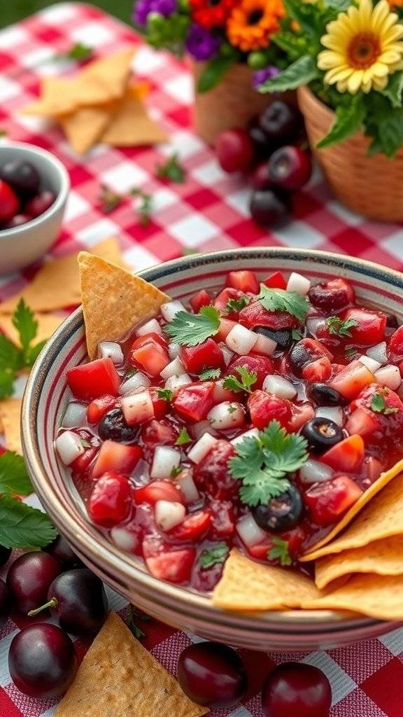 A vibrant bowl of blood cherry salsa with tortilla chips on a picnic table.
