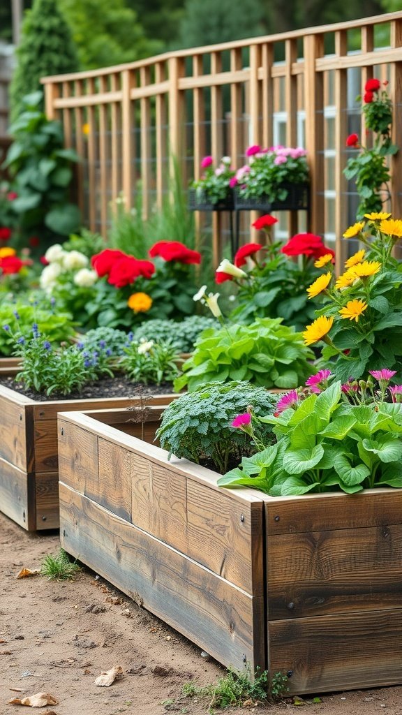 Raised wooden garden beds filled with colorful flowers and leafy vegetables