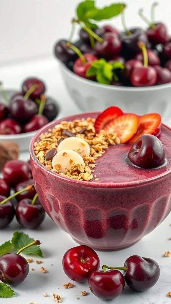 A vibrant blood cherry smoothie bowl topped with granola, strawberries, and cherries, surrounded by fresh cherries.