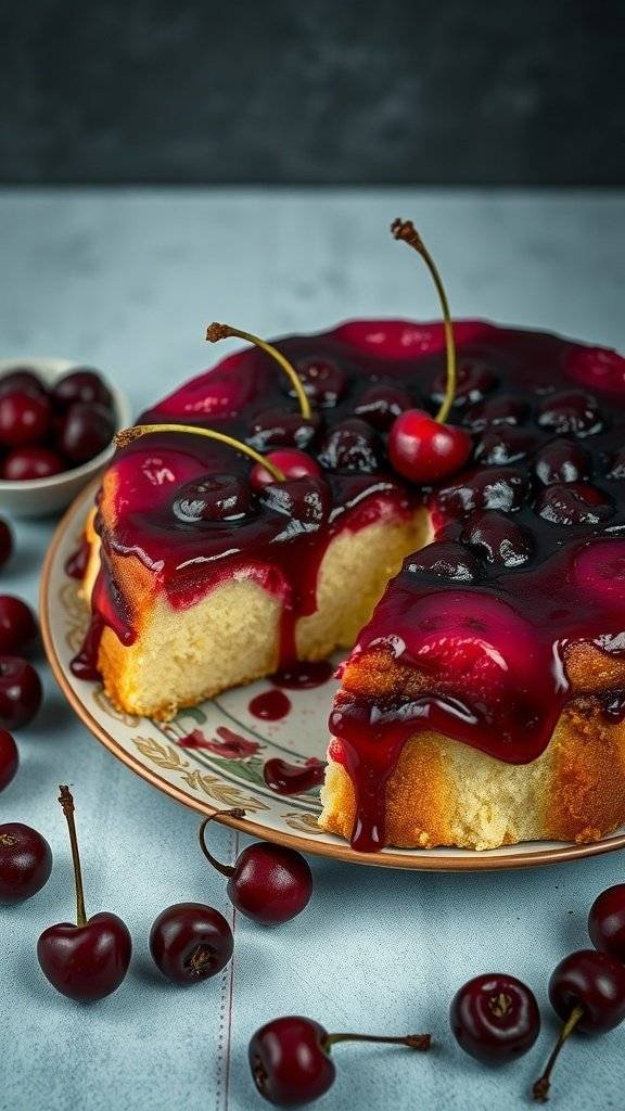 A delicious blood cherry upside-down cake topped with glossy red cherries, served on a plate with fresh cherries around it.