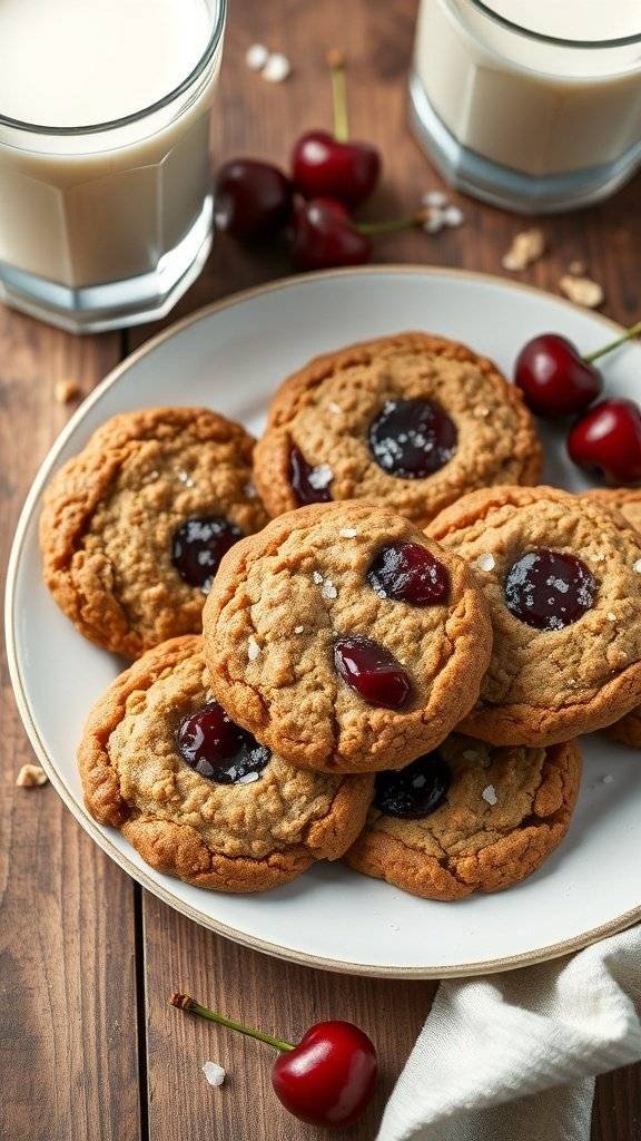 A plate of Blood Cherry Oatmeal Cookies with red cherries and glasses of milk