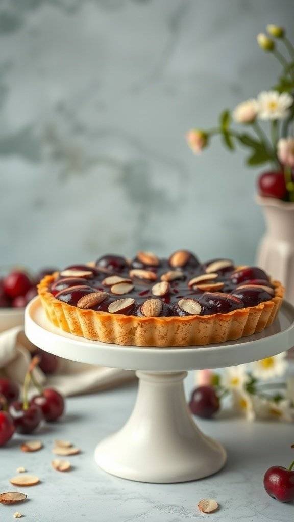 A beautifully arranged Blood Cherry Tart with almond cream, topped with fresh cherries and sliced almonds, displayed on a white cake stand.