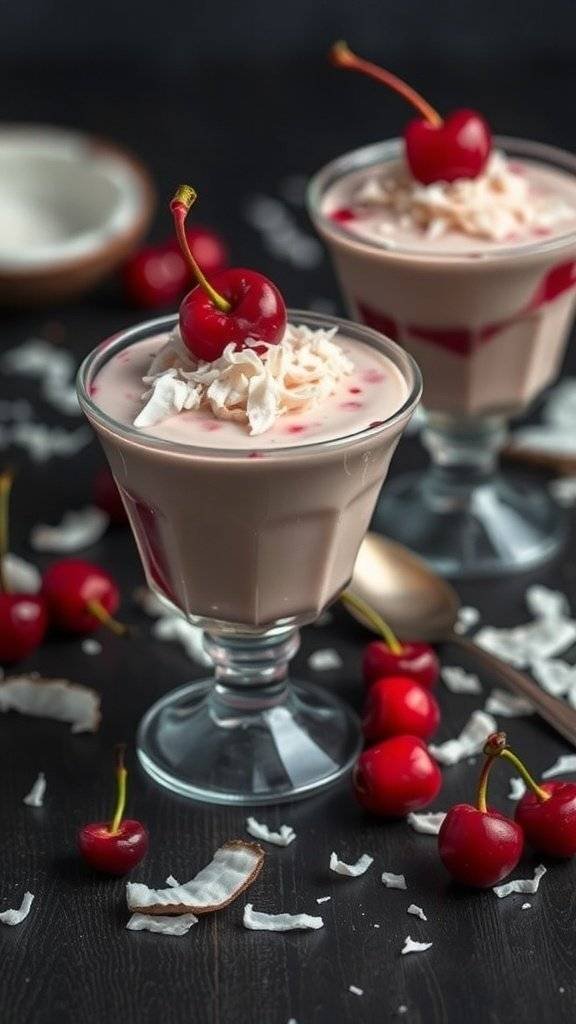 A delicious Blood Cherry and Coconut Pudding served in glass cups, topped with red cherries and shredded coconut.