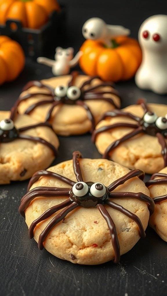 Spooky spider cookies decorated with chocolate and candy eyes, surrounded by pumpkins and Halloween decorations.