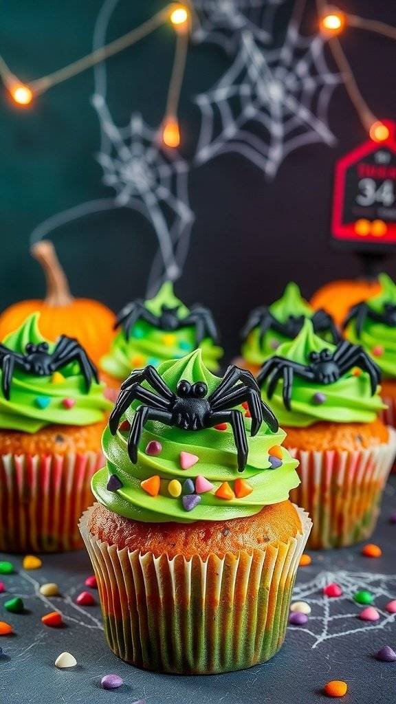 Colorful Witch's Brew Cupcakes with green frosting and spider decorations