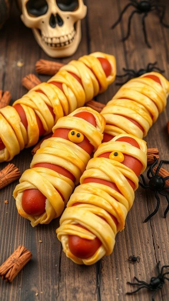Mummy hot dogs wrapped in dough, decorated with eyes, surrounded by Halloween-themed decorations.