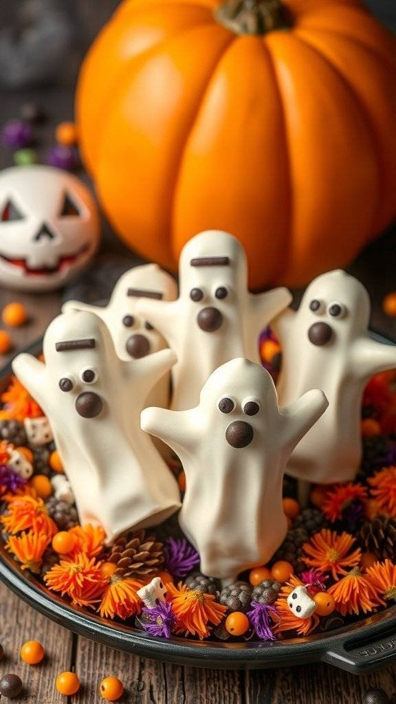 Ghostly banana pops decorated with chocolate chips for eyes, surrounded by colorful Halloween decorations.